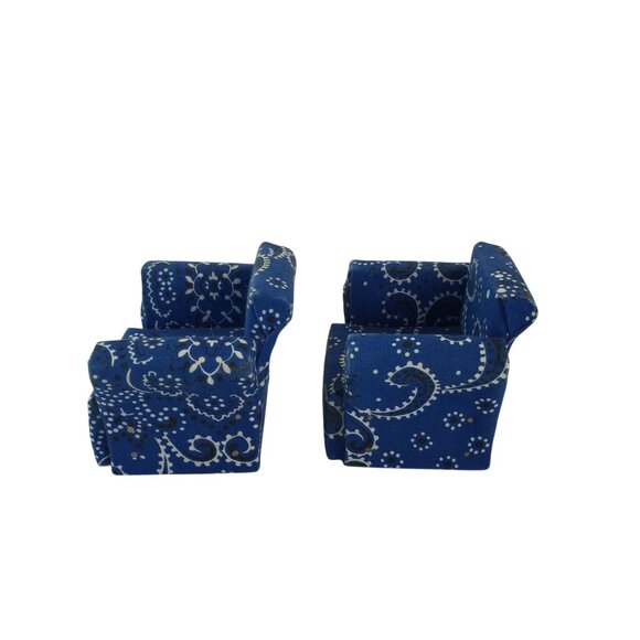 Miniature Dollhouse Blue Paisley Couch Arm Chair Set of 3 Wood Fabric Handmade - Picture 5 of 15